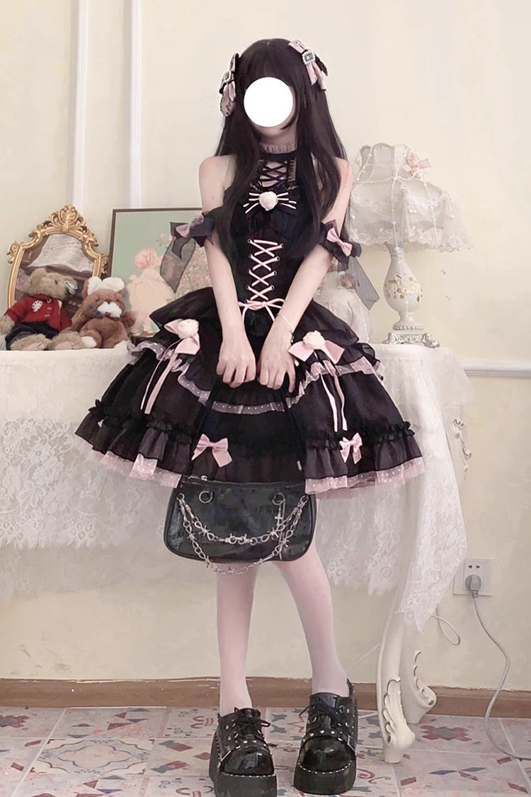 Black/Pink Lace Up Multi-layer Ruffle Cardigan Bowknot Gothic Lolita Jsk Dress - Product - 2