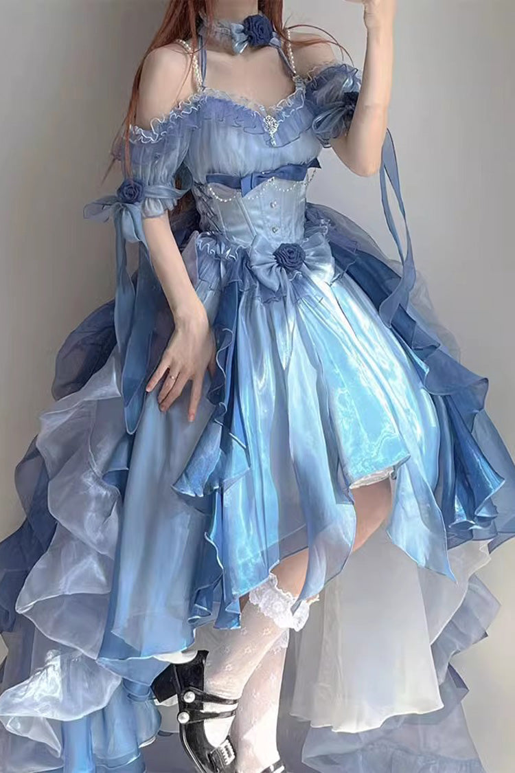 Blue Short Sleeves Hanayome Bowknot Sweet Elegant Princess Lolita Dress - Product - 3