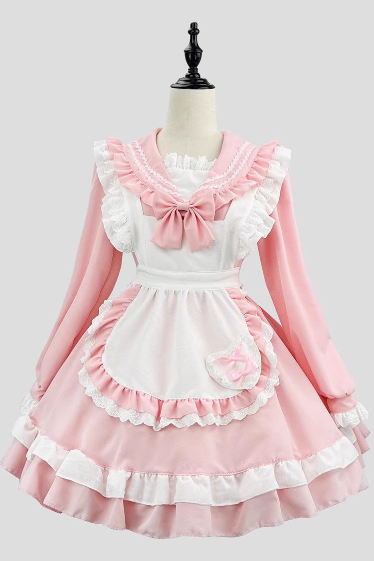 Pink Maid Long Sleeves Ruffle Bowknot Sailor Sweet Plus Size Lolita Dress Full Set - Product - 3