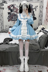 White/Blue Long Sleeves Multi-layer Cross Print Nun Style Ruffle Sweet Lolita Dress - White/Blue - 1