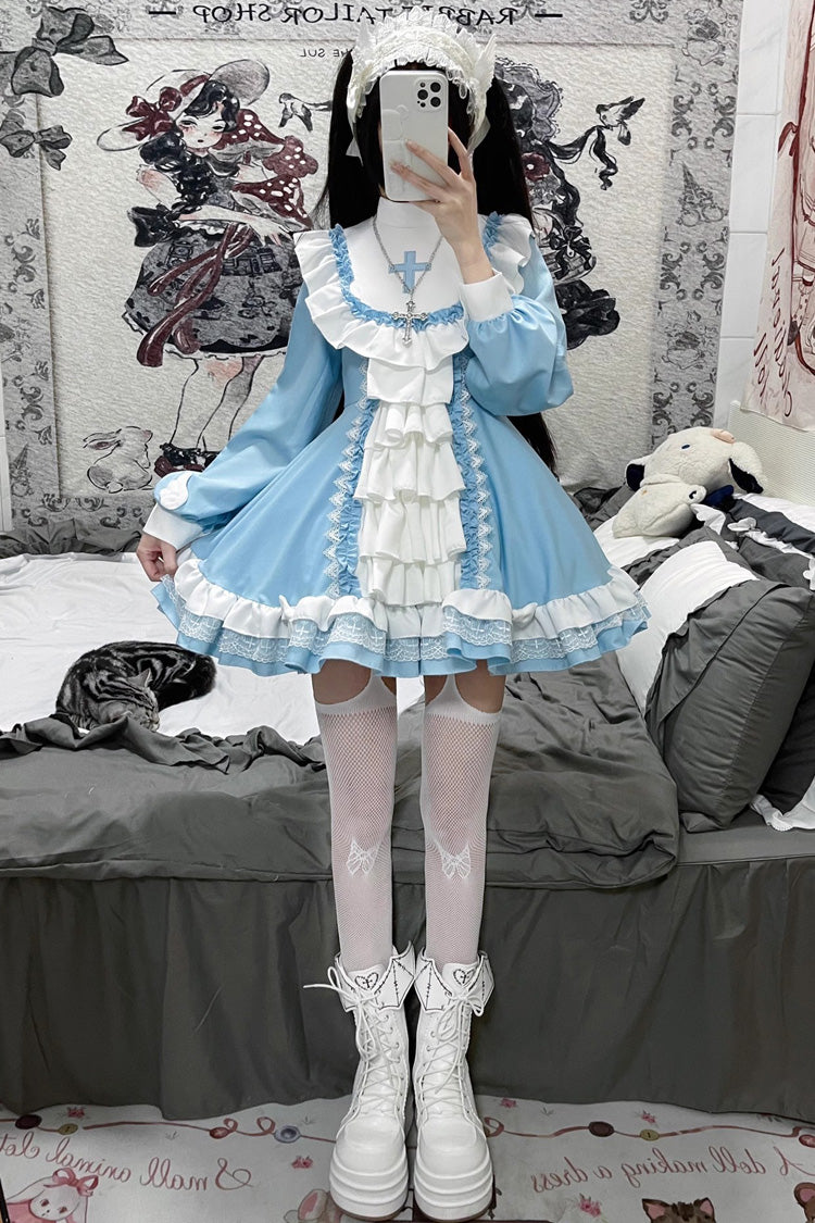 White/Blue Long Sleeves Multi-layer Cross Print Nun Style Ruffle Sweet Lolita Dress - White/Blue - 1