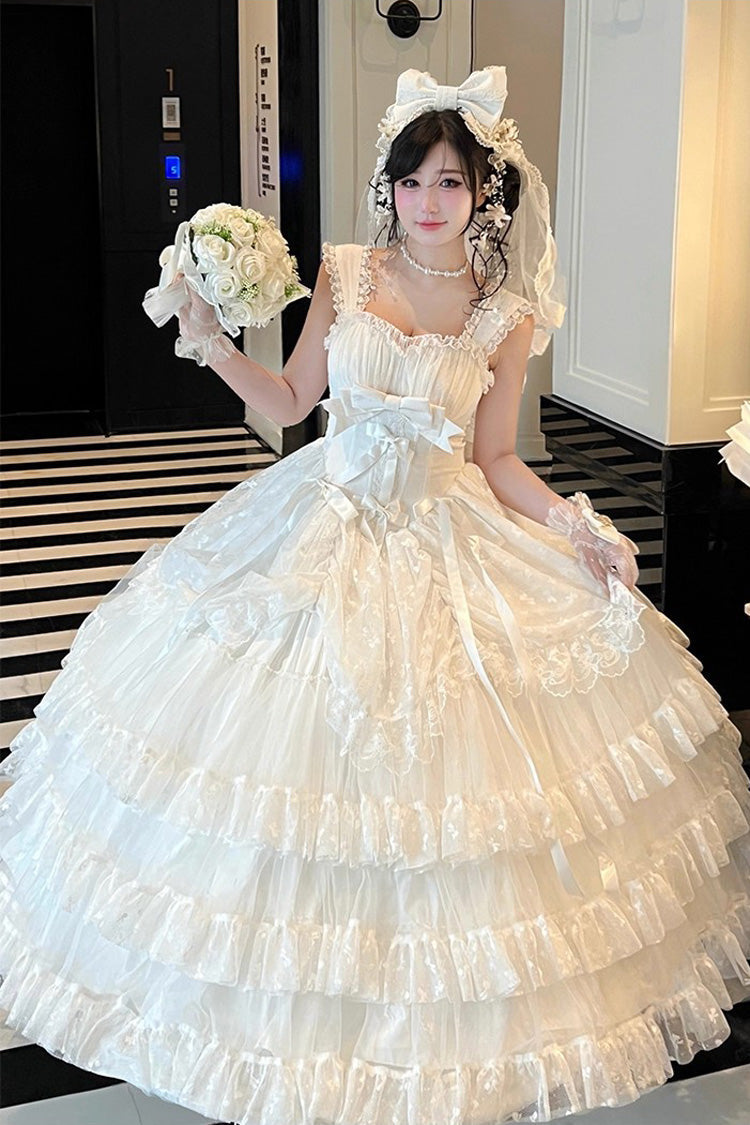 White [Maiden Lace] Off Shoulder Triple-Layered Ruffle Hanayome Bowknot Lace Sweet Lolita Jsk Dress - White - 1