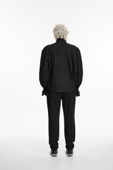 Black Stand Collar Long Puff Sleeves Embroidered Lace Men's Shirt - Product - 7