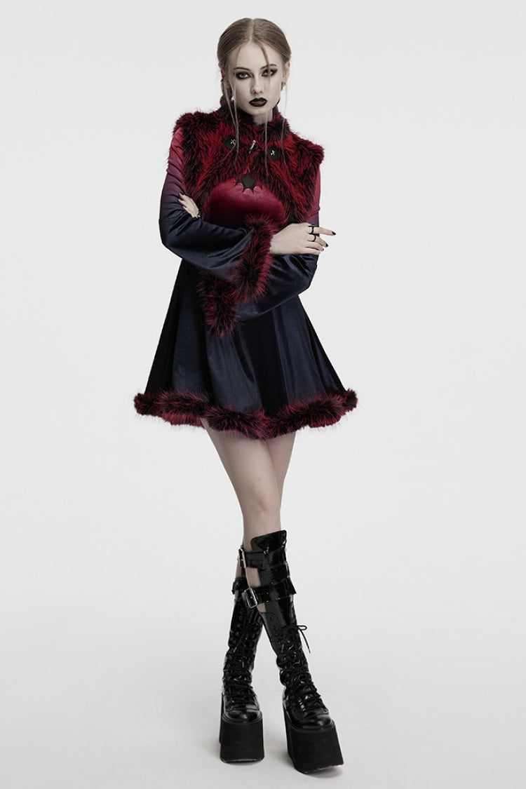 Red Stand Collar Sleeveless Gradient Faux Fur Women's Gothic Cape - Product - 4