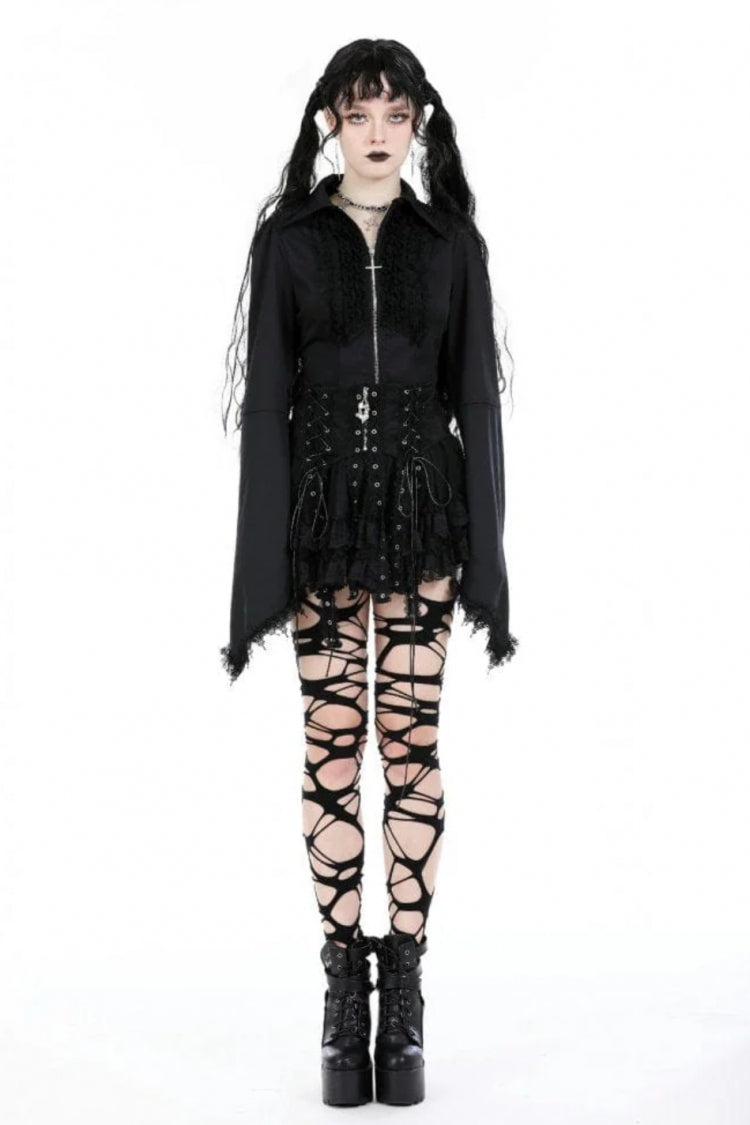 Black Layered Lace Mesh Lace-Up Zippered Women's Punk Mini Skirt - Product - 5