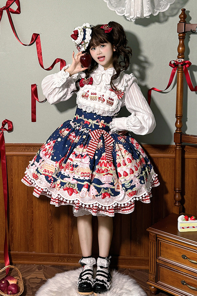 Mint Strawberry Dessert Print Natural Waisted Ruffle Bowknot Sweet Lolita JSK Dress 4 Colors - Product - 19