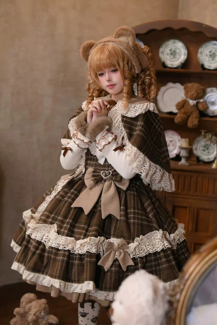 Brown [Chocolate Chestnut] Sleeveless Printed Ruffled Bow Sweet Lolita Jsk Dress - Product - 7
