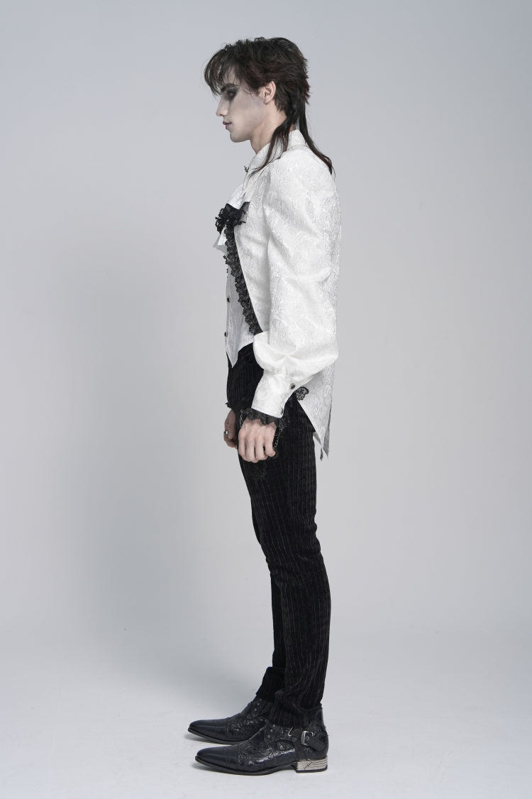 White Lapel Collar Long Sleeves Jacquard Swallow-tailed Lace Men's Gothic Palace Shirt - Product - 6