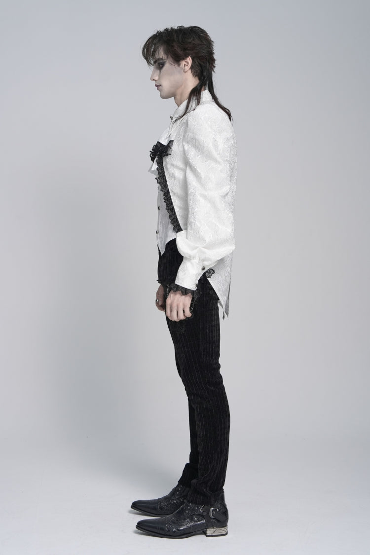 White Lapel Collar Long Sleeves Jacquard Swallow-tailed Lace Men's Gothic Palace Shirt - Product - 6