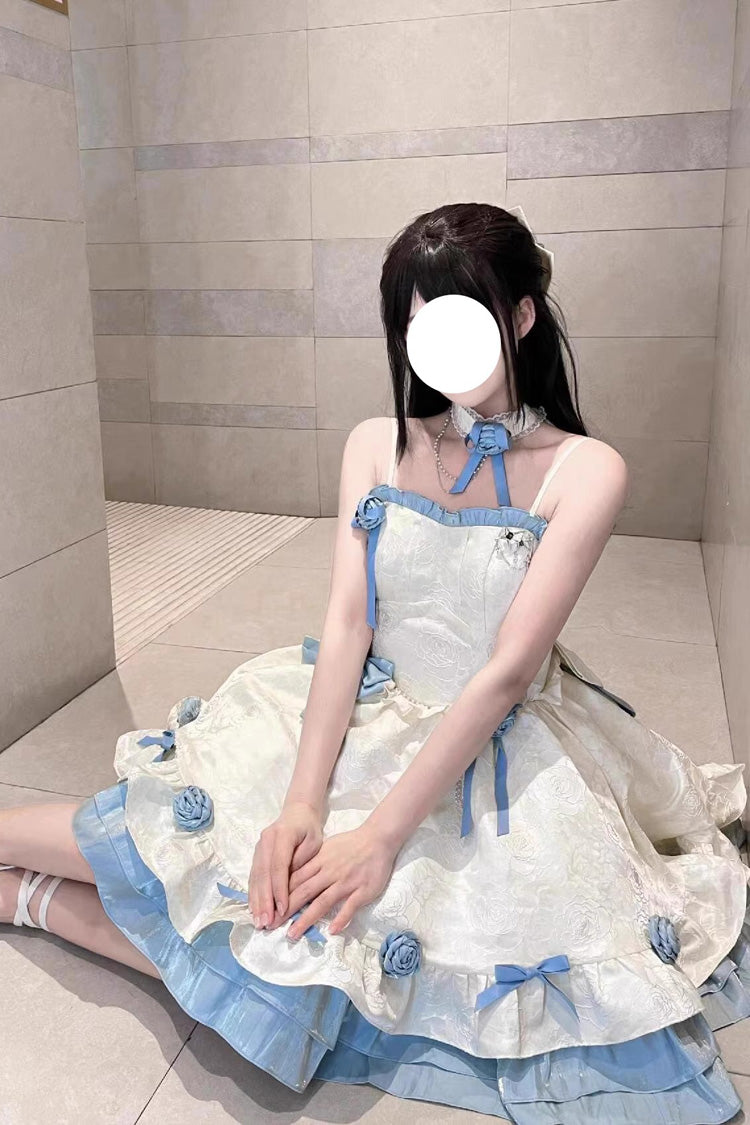 Apricot/Blue Print Ruffle Bowknot Sweet Princess Lolita Jsk Dress - Product - 8