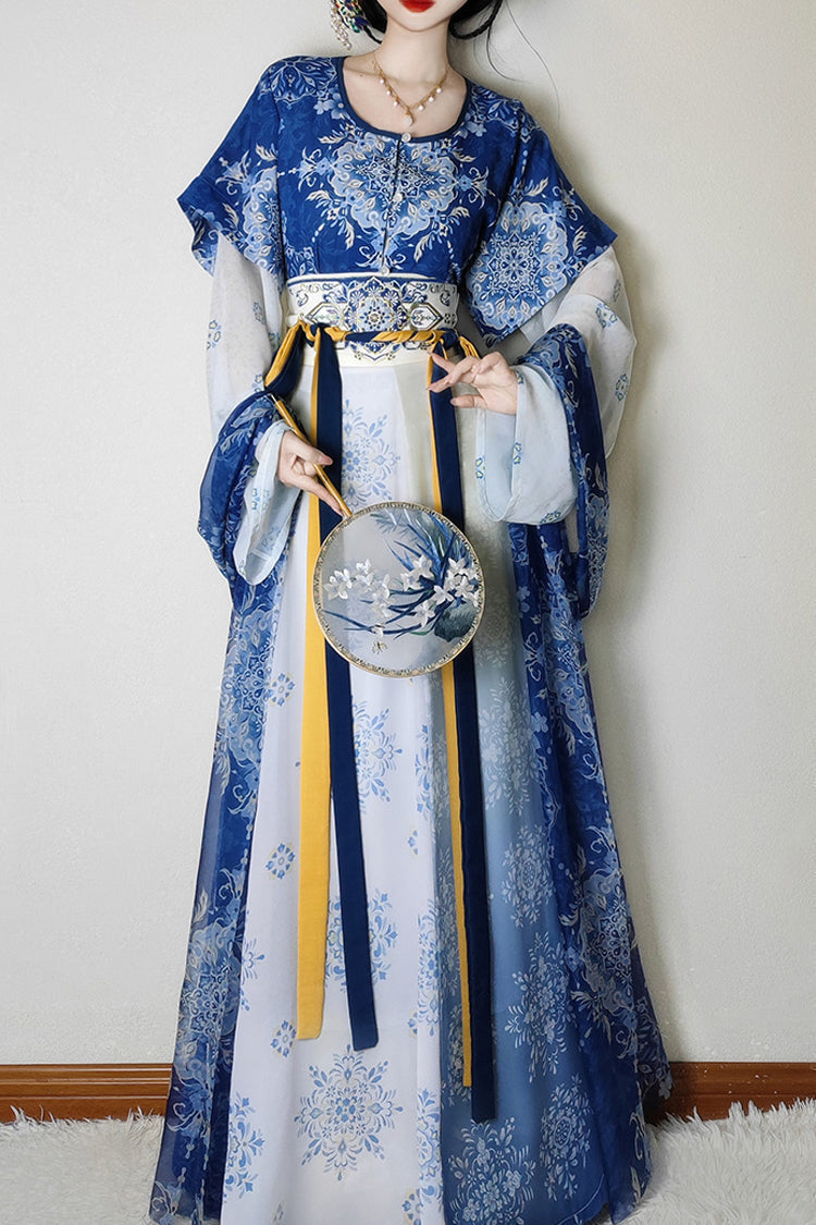 Round Collar High Waisted Print Slim Women's Classic Hanfu Dress Full Set - Blue - 1