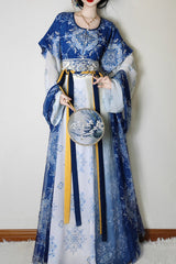 Round Collar High Waisted Print Slim Women's Classic Hanfu Dress Full Set - Blue - 1