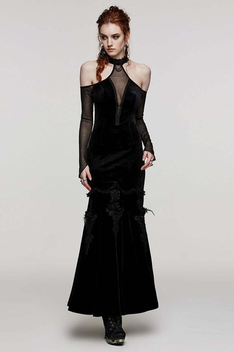V Collar Off Shoulder Hollow Stitching Mesh Women's Gothic Dress 2 Colors - Product - 12