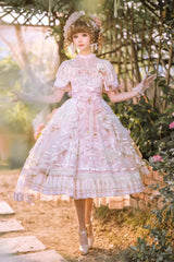 White/Pink [Realm of Sunset] Short Sleeves Printed Ruffled Hanayome Bow Lace Gorgeous Sweet Lolita Dress Set - Product - 5