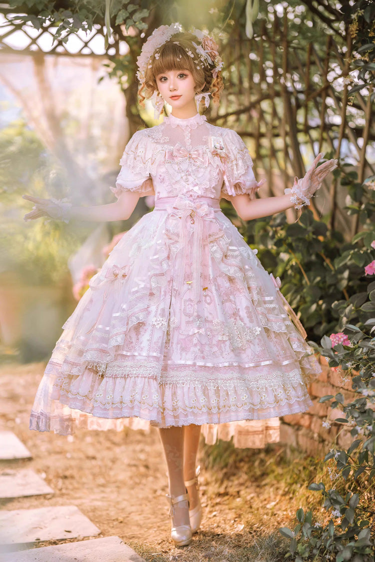 White/Pink [Realm of Sunset] Short Sleeves Printed Ruffled Hanayome Bow Lace Gorgeous Sweet Lolita Dress Set - Product - 5