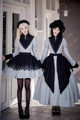 Light Grey [Nocturne] Vertical Stripes Print Ruffle Bowknot Lace Gothic Lolita Dress 2 Versions - Product - 15