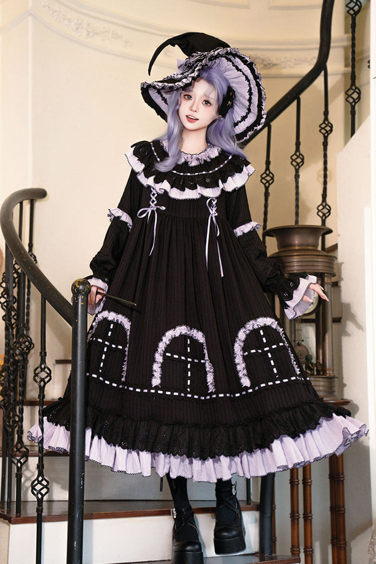 Black [Twin Lilian] Round Collar Long Sleeves Double-Layered Ruffled Bow Lace-Up Gothic Lolita Dress - Product - 14