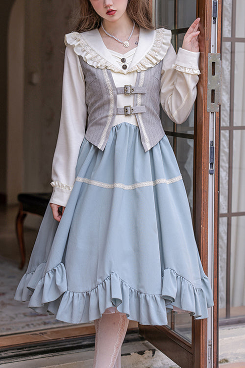 Blue Vintage Elegant V Collar Long Sleeves Petal Hem Fake Three Pieces Sweet Lolita OP Dress Full Set - Blue - 1