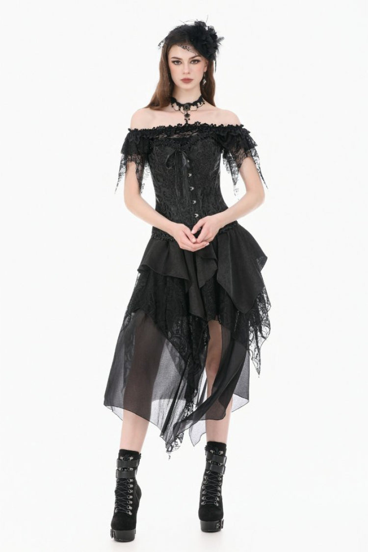 Black Jacquard Ruffled Lace Lace-Up Women's Gothic Overbust Corset - Product - 7