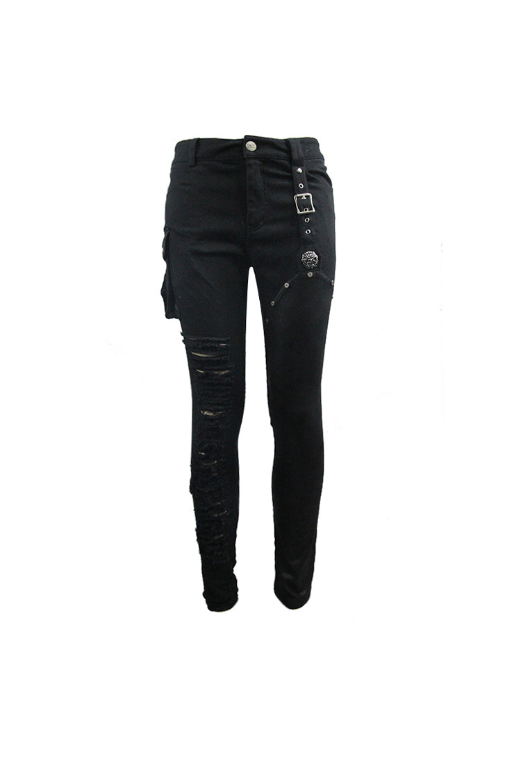 Black Asymmetric Broken Hole Glued Suede Rivet Men's Punk Pants - Product - 5
