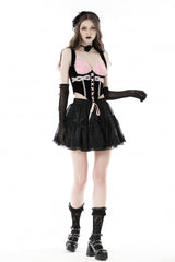 Black/Pink Lace Splice Velvet Lace-Up Women's Grunge Bustier - Product - 8