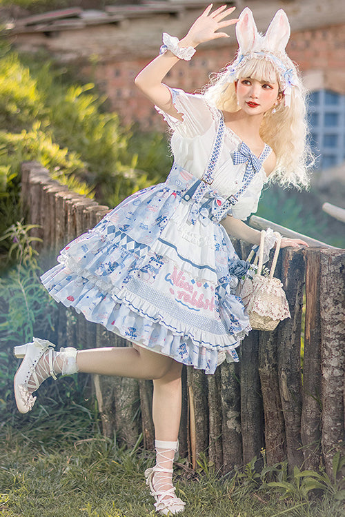 Blue Alice Rabbit Print Multi Layer Design Sweet Lolita JSK Dress - Product - 2