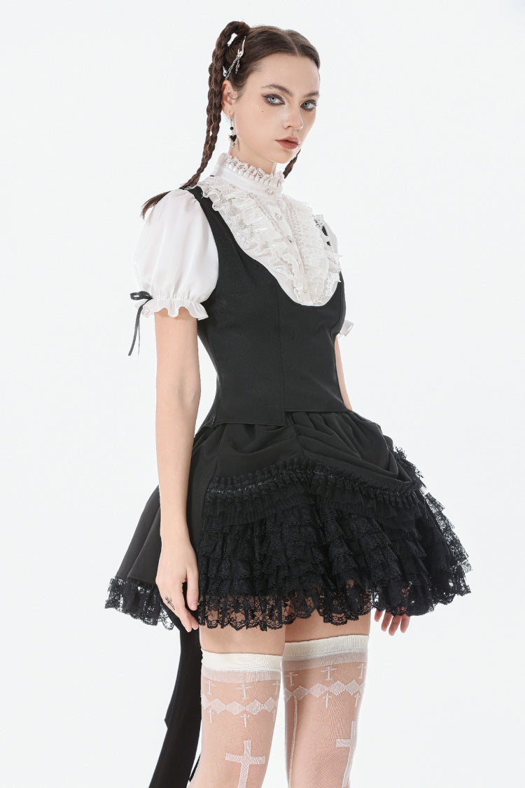 Black/White Short Puff Sleeves Lace Ruffled Stand Collar Women's Gothic Royal Blouse - Product - 2