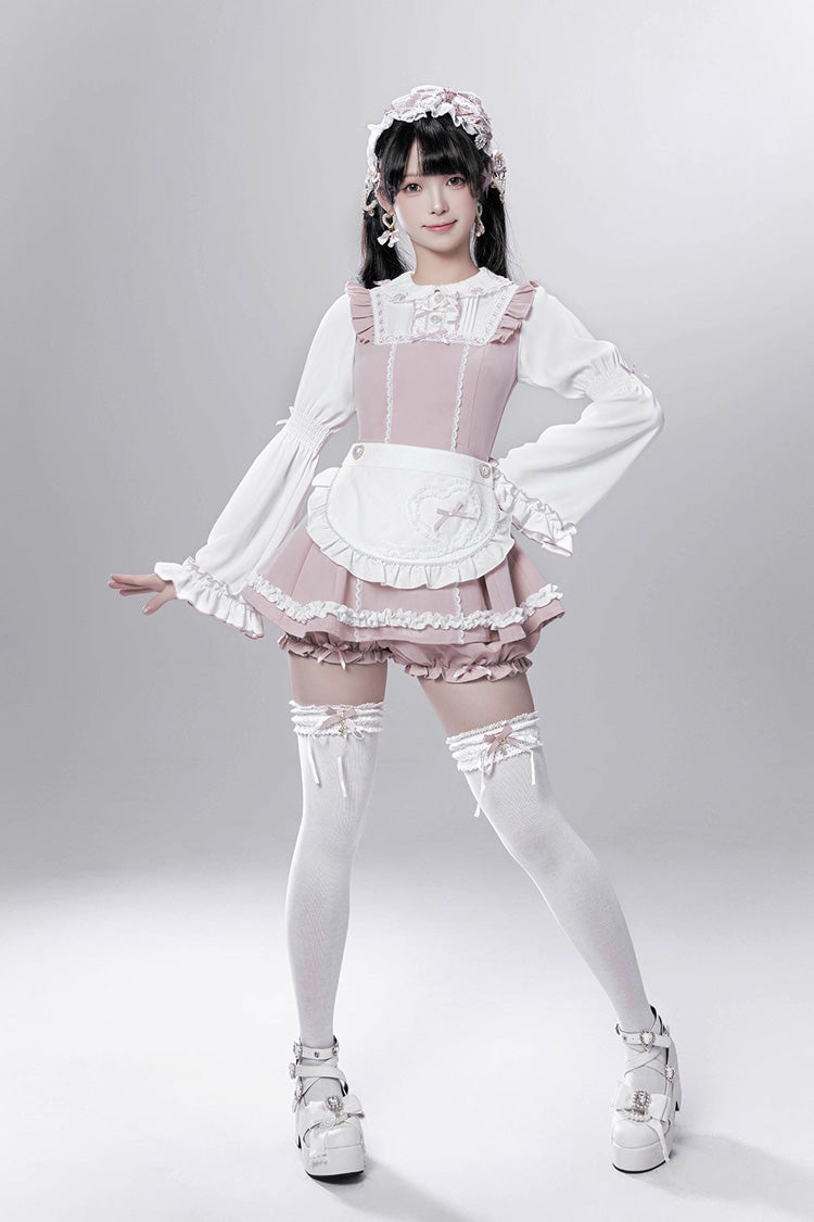 Pink/White [Showcase Doll] Japanese Maid-Style Long Sleeves Ruffle Bowknot Jirai Kei Japanese Dress Shorts Set with Detachable Apron - Product - 2