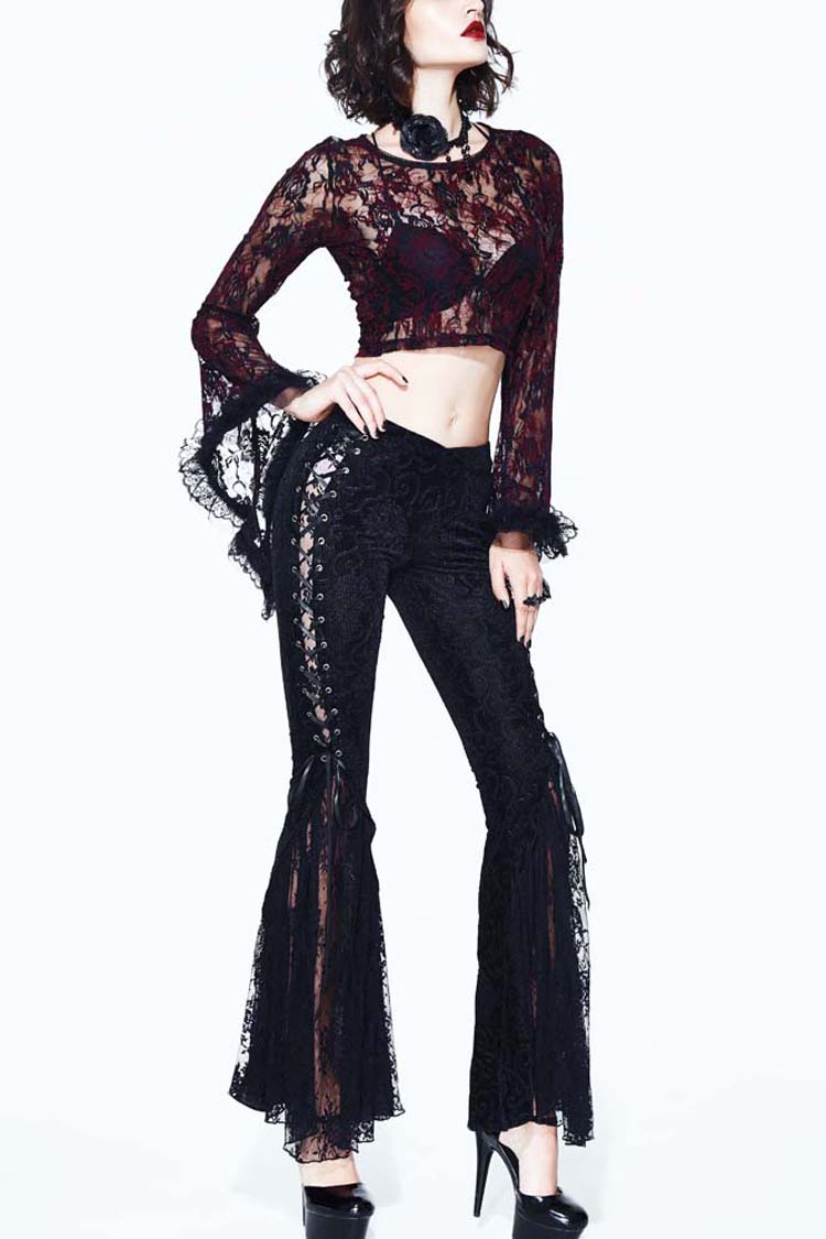 Black Palace Pattern Lace-Up Velveteen Lace Flared Women's Gothic Pants - Product - 2