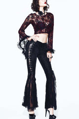 Black Palace Pattern Lace-Up Velveteen Lace Flared Women's Gothic Pants - Product - 2