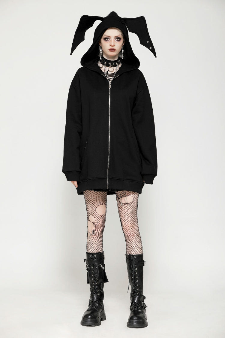 Black Long Sleeves Zippered Women's Gothic Batwing Hoodie - Product - 9