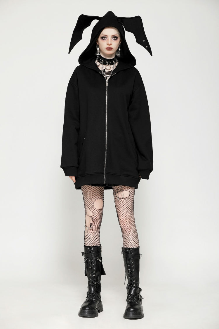 Black Long Sleeves Zippered Women's Gothic Batwing Hoodie - Product - 9