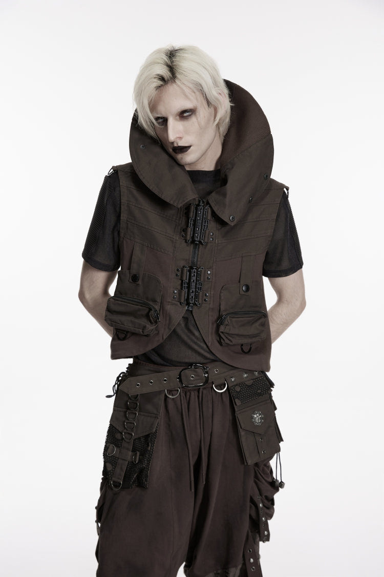 Black Stand Collar Sleeveless Men's Punk Patch Pockets Convertible Collar Vest Vest - Product - 5