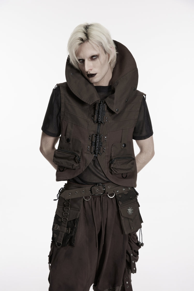 Black Stand Collar Sleeveless Men's Punk Patch Pockets Convertible Collar Vest Vest - Product - 5