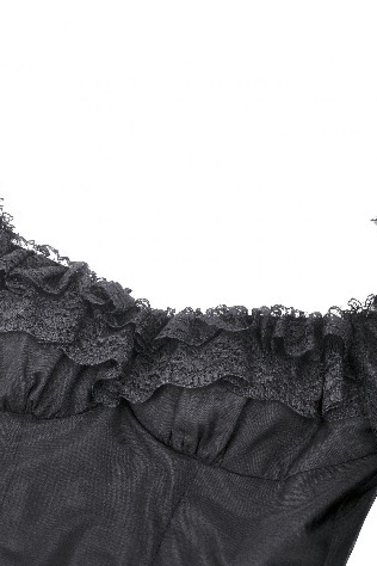 Black Off Shoulder Boat Neck Multi-Layered Long Trumpet Sleeves Lace Spliced Tulle Lace-Up Women's Gothic Fantasy Dress - Product - 12