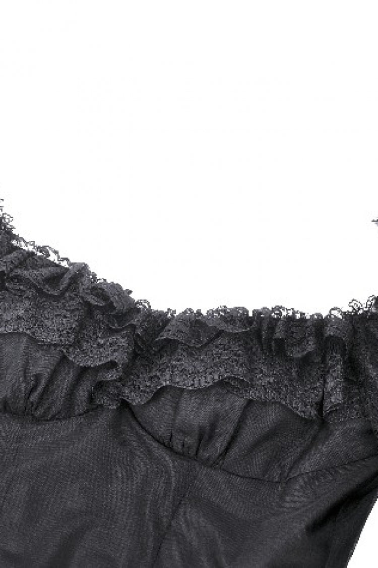 Black Off Shoulder Boat Neck Multi-Layered Long Trumpet Sleeves Lace Spliced Tulle Lace-Up Women's Gothic Fantasy Dress - Product - 12