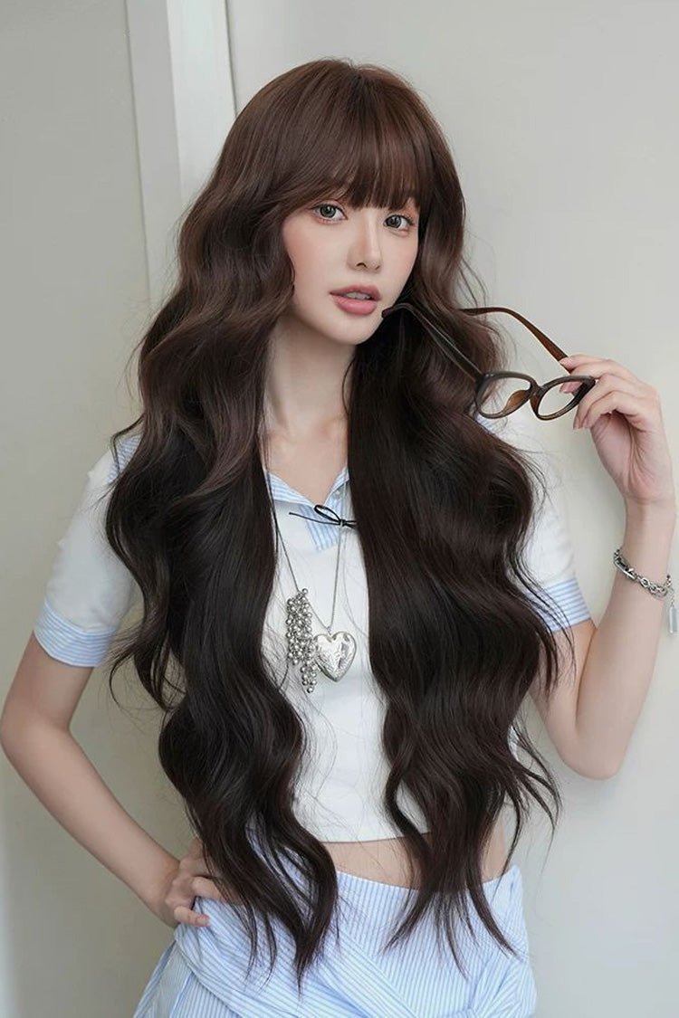 Light-Root Chestnut Brown Ombre Natural Fluffy Long Big Wavy Sweet Lolita Wig with Air Bangs - Product - 2