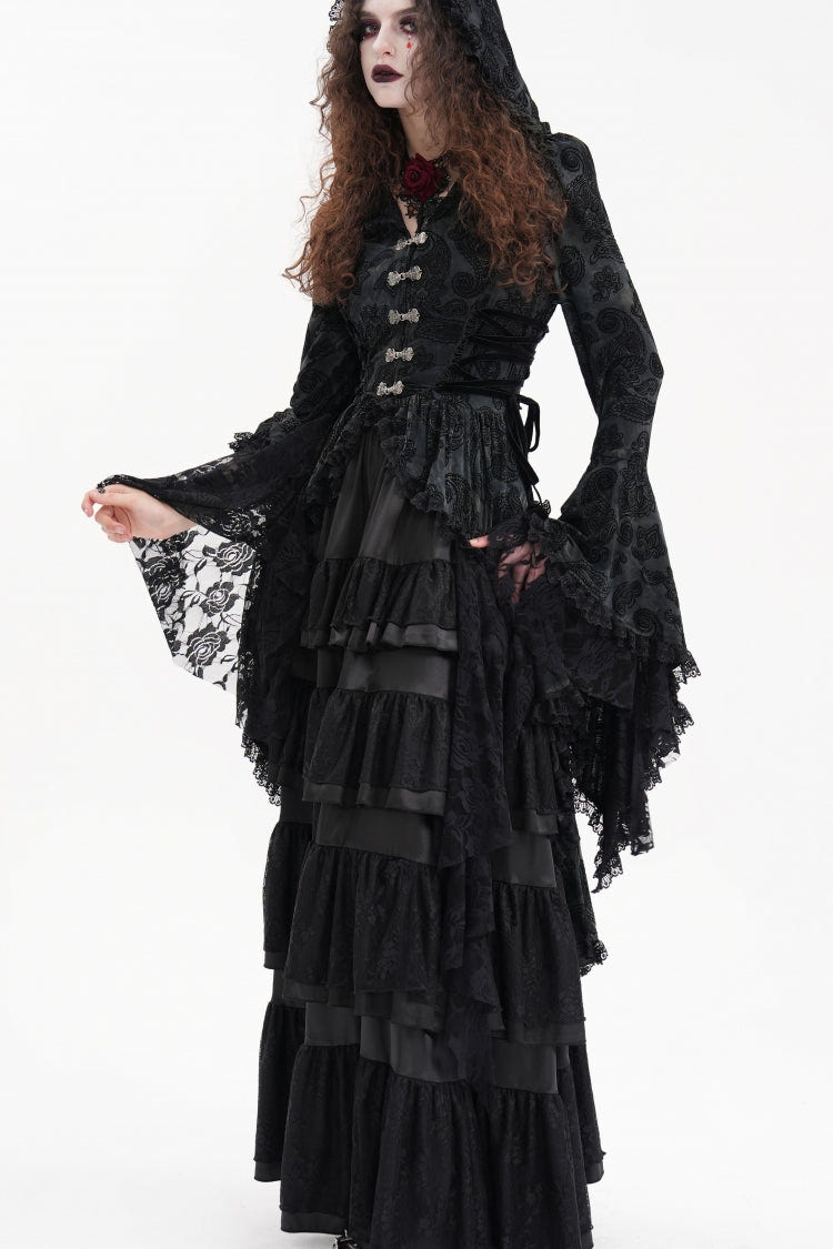 Black Long Trumpet Sleeves Multi-Layered Embroidery Lace Hooded Ripped Women's Gothic Jacket - Product - 9