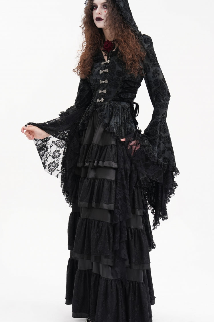 Black Long Trumpet Sleeves Multi-Layered Embroidery Lace Hooded Ripped Women's Gothic Jacket - Product - 9