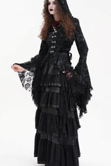 Black Long Trumpet Sleeves Multi-Layered Embroidery Lace Hooded Ripped Women's Gothic Jacket - Product - 9