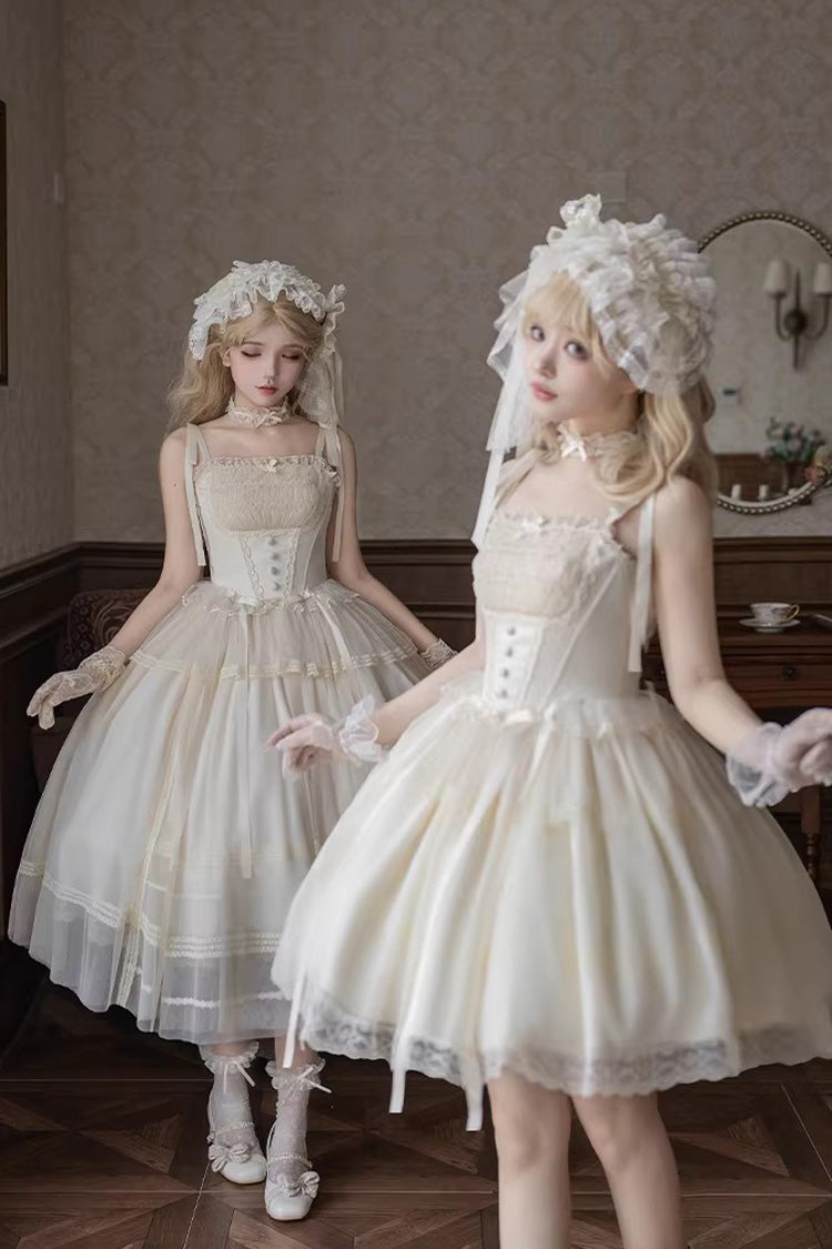 Ivory [Letters and Poems · Confession Poem] Square Collar Sleeveless Ruffled Bow Lace Fishbone Sweet Lolita Jsk Dress 2 Versions - Product - 3
