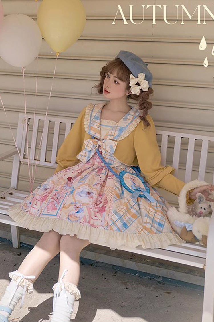 Yellow/Pink Cat Holiday Print Ruffle Bowknot Fake Two Pieces Sweet Lolita Dress - Product - 7
