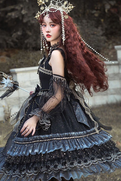 Black Starry Night Square Collar Bowknot Multi-Layer Ruffled Cardigan Gothic Lolita JSK Dress with Detached Sleeves - Product - 3