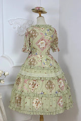 Green [Cat Rose Tea] Short Sleeves Print Ruffle Cardigan Bowknot Daily Sweet Lolita Dress - Product - 10