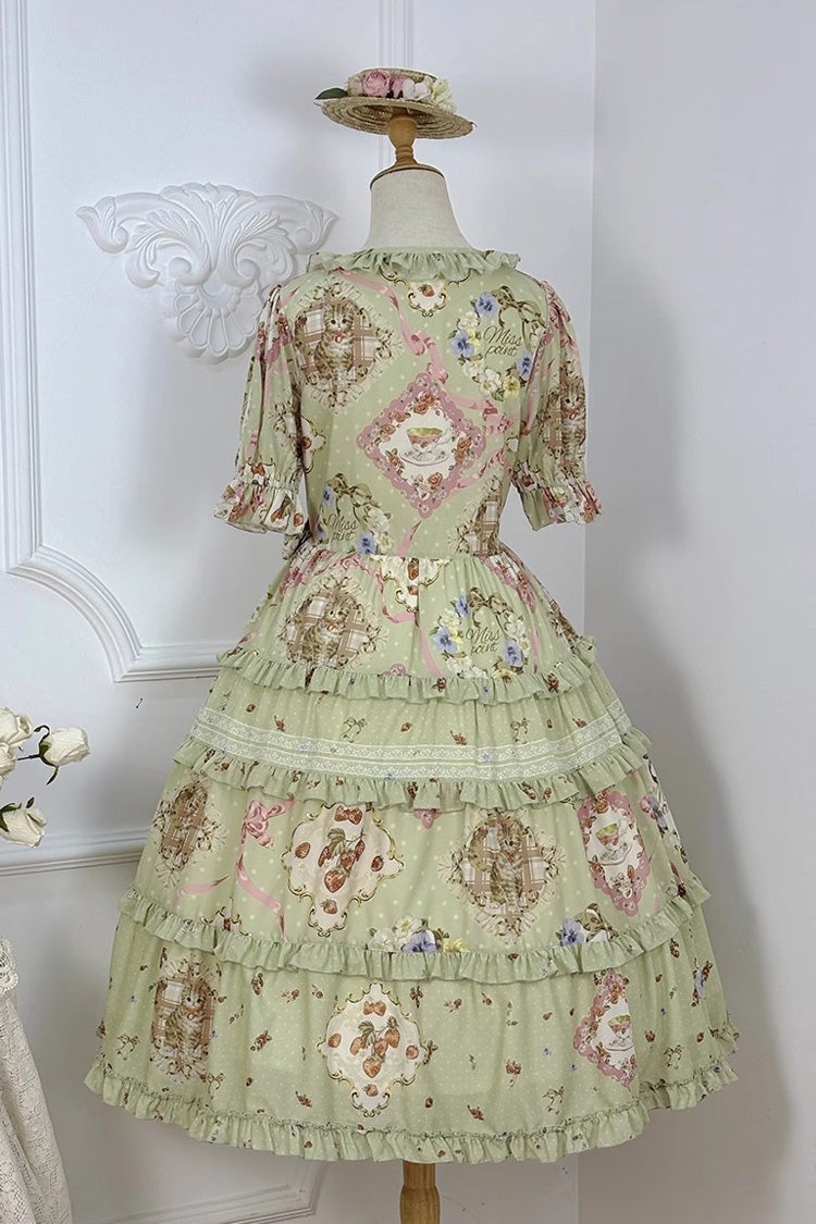 Green [Cat Rose Tea] Short Sleeves Print Ruffle Cardigan Bowknot Daily Sweet Lolita Dress - Product - 10