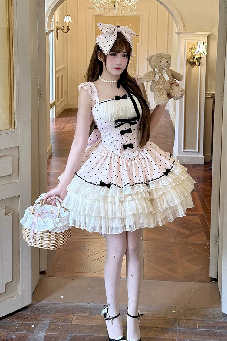 Pink [Polka Dot Waltz] Square Collar Flutter Sleeves Triple-Layered Printed Ruffled Bow Sweet Lolita Jsk Dress - Product - 7