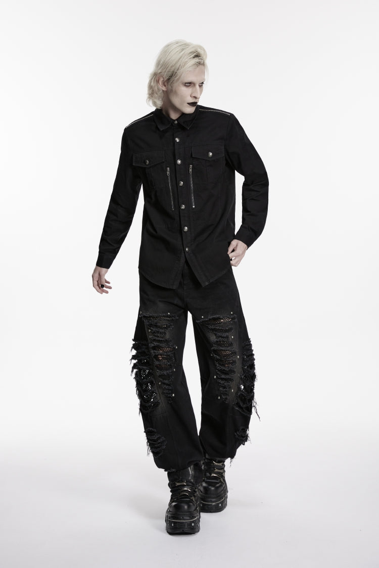 Black Lapel Collar Long Sleeves Zippered Men's Punk Cool Shirt - Product - 3