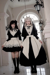 Black [Letters and Poems·Nocturne] Nun Long Sleeves Ruffle Gothic Lolita Short Dress - Product - 2