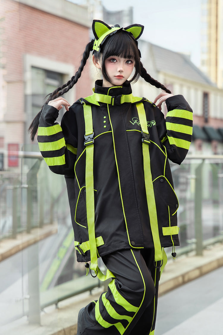Yellow/Green/Black Long Sleeves Print Cat Ears Hooded Jirai Kei Handsome Coat - Product - 2