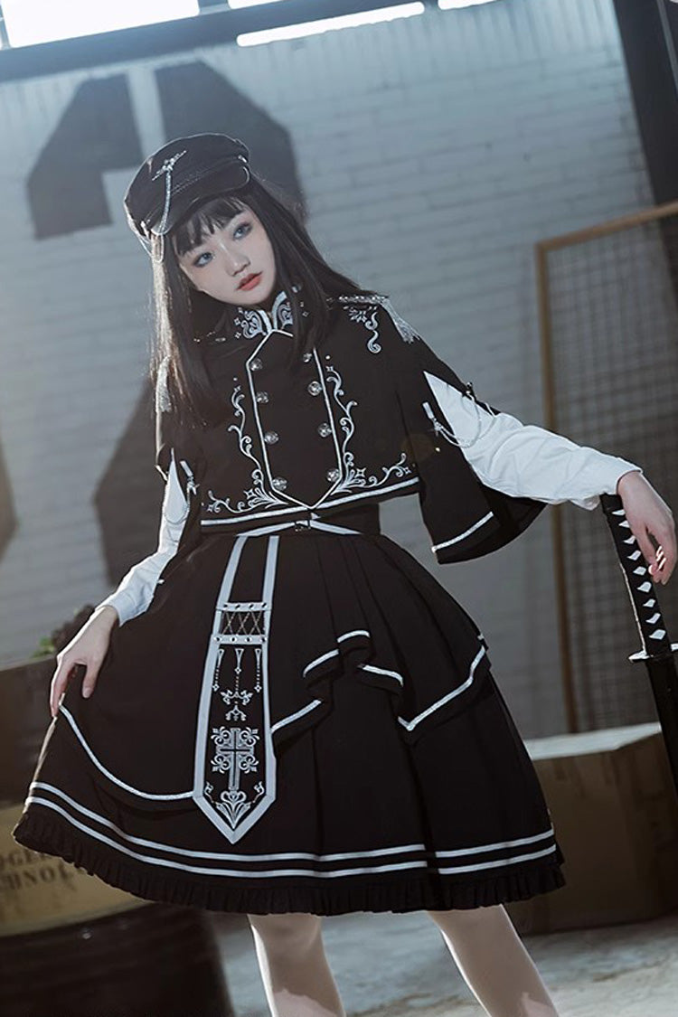 Black Battle of Thorns Print Ruffle Gothic Military Handsome Lolita Skirt - Product - 8